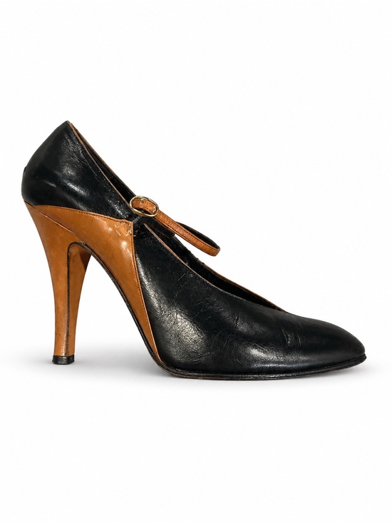 Halston Heritage Shoes - RARE Vintage Halston black and cognac leather ankle strap heels in a two-tone